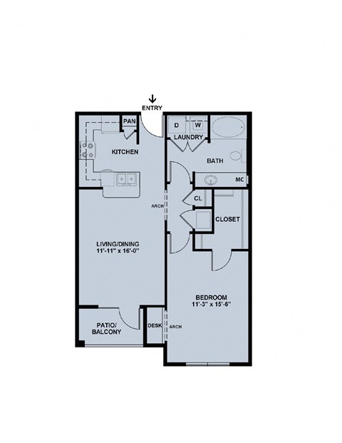 A floor plan of a house with a living/dining area, kitchen, bath, and bedroom.